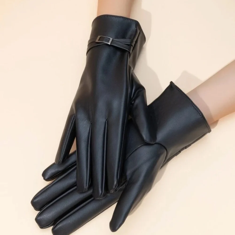 1 Pair Women Winter Warm PU Leather Gloves With Fleece Lining, l Waterproof